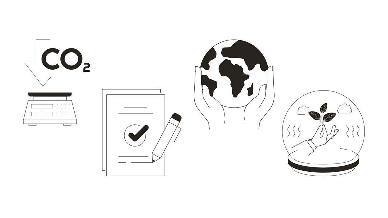 Vier Illustrationen: CO₂-Reduktion, Zertifizierung, Teamwork und erneuerbare Energie.