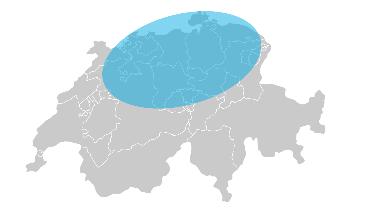 Grundriss Schweizer Landesgrenze mit farblich hervorgehobenem Tätigkeitsgebiet von IWB