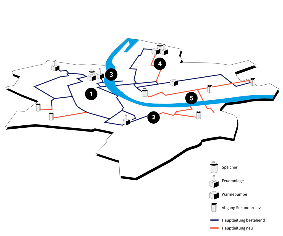 Illustration der Karte vom Kanton Basel-Stadt. Darauf ist eingezeichnet, wie das Wärmenetz im Jahr 2037 aussehen wird.