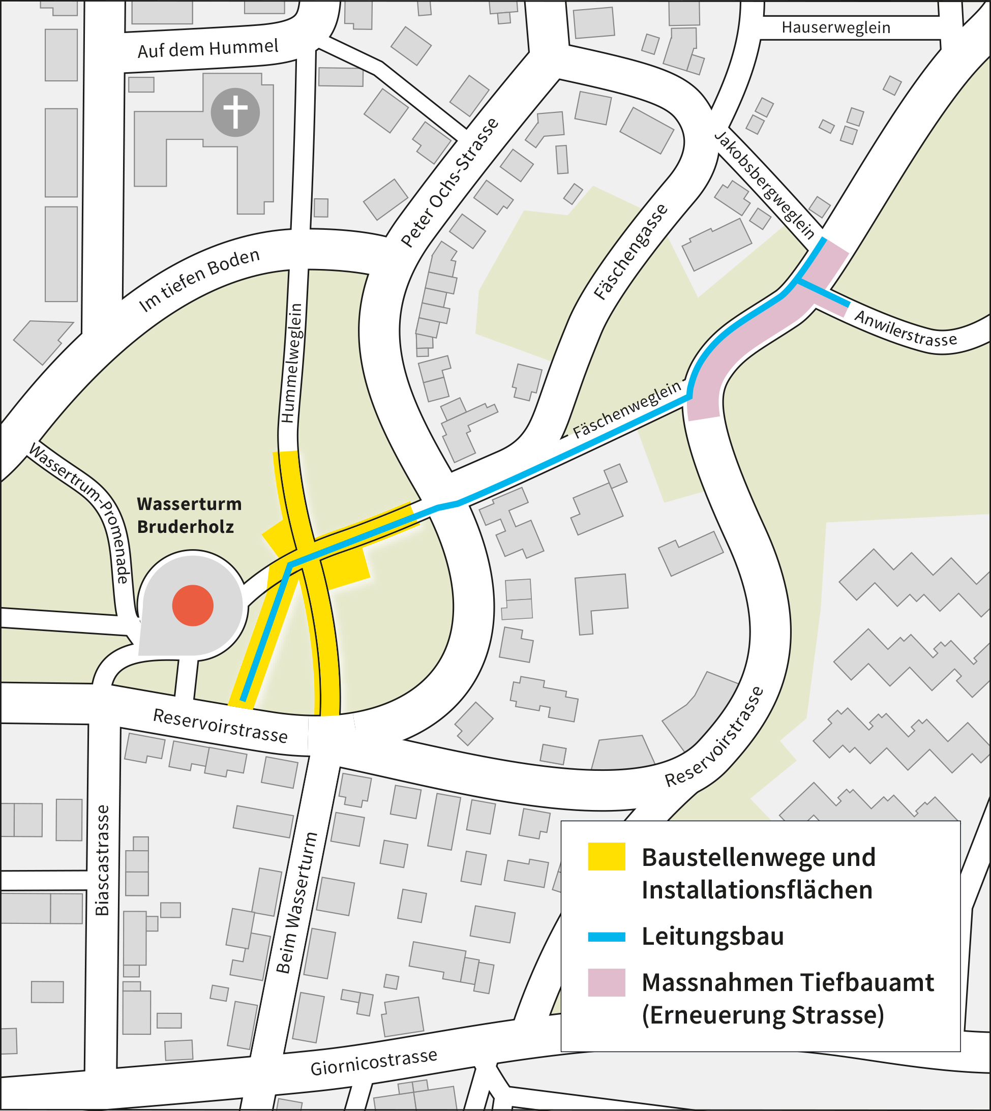 Gezeichneter Lageplan vom Bruderholz, der die Lage eines Bauprojekts von IWB zeigt.