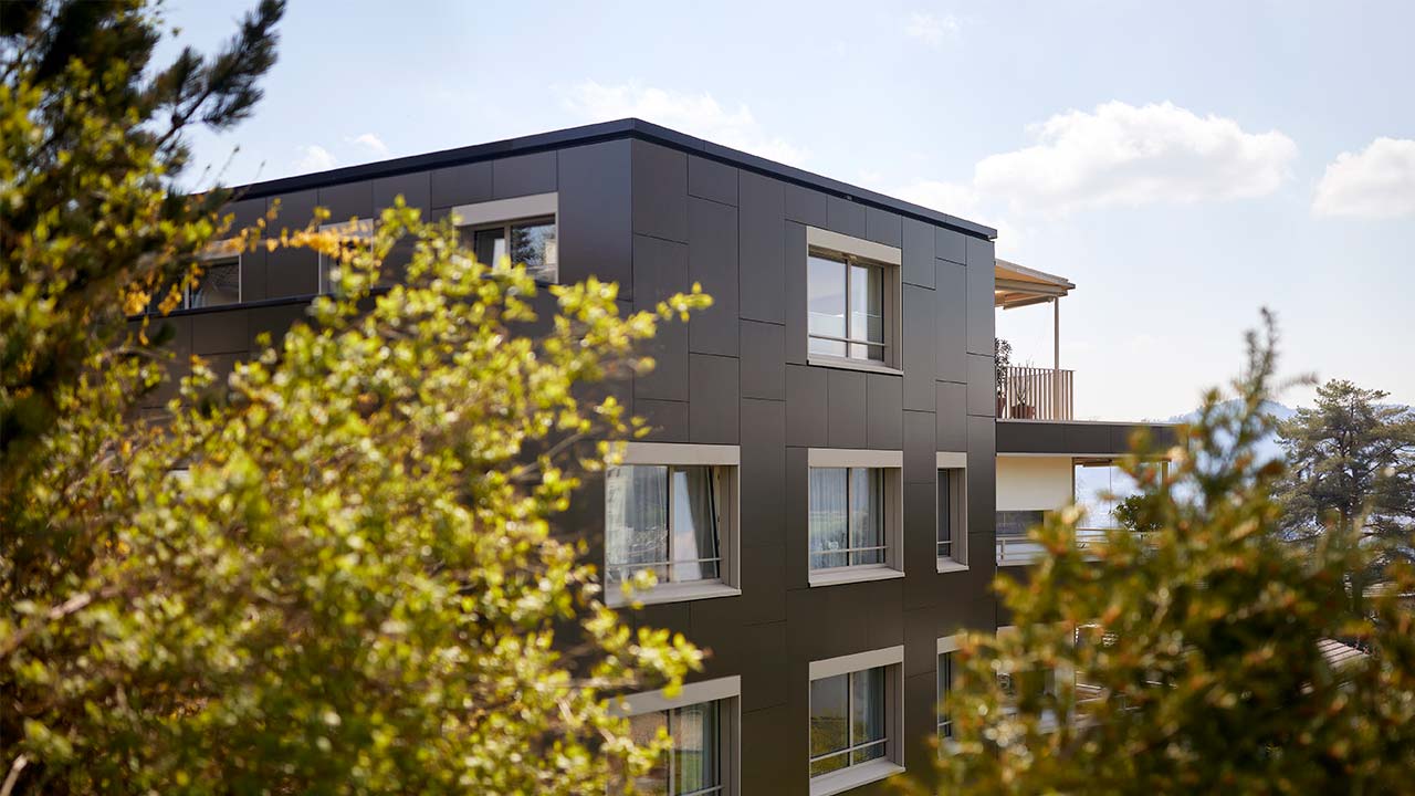 Haus mit Photovoltaik-Fassade. Bäume im Vordergrund.